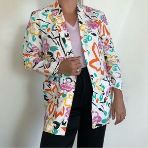 Vintage Vibrant White Multicolor Graffiti Single Button Blazer 60% Linen 40% Cot